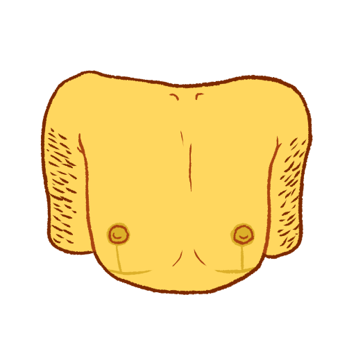 an emoji yellow chest with 'inverted t' top surgery scars and brown arm hair.